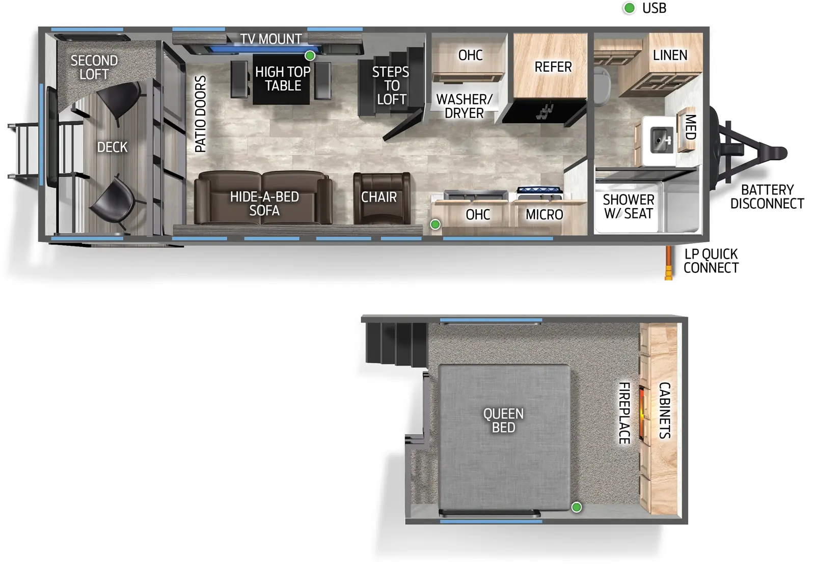 The Timberwolf 16ML floorplan has one entry and zero slide outs. Exterior features include: metal exterior and N/A awning. Interiors features include: loft, front bedroom and rear living.